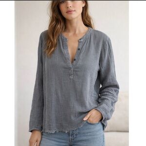 Current Elliott- Soft Gray Cotton Gauze Peasant Blouse Relaxed Fit Size Large
